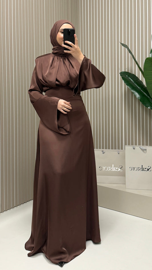 Satin Abendkleid mit weiten Ärmeln Braun