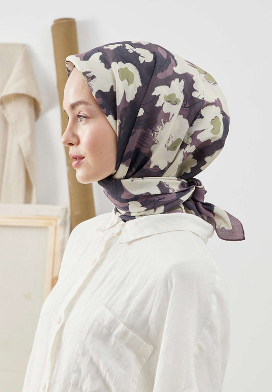 FreshScarfs Pamuklu Ipek Dokulu Esarp 95x95cm Multiflower Mürdüm