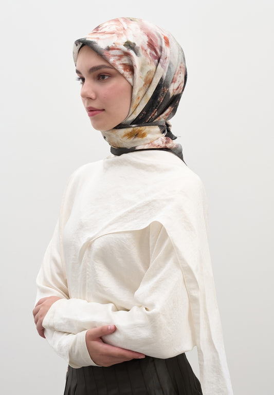 FreshScarfs VINTAGE ROSE DESEN PAMUKLU VİSKON Esarp Antrasit