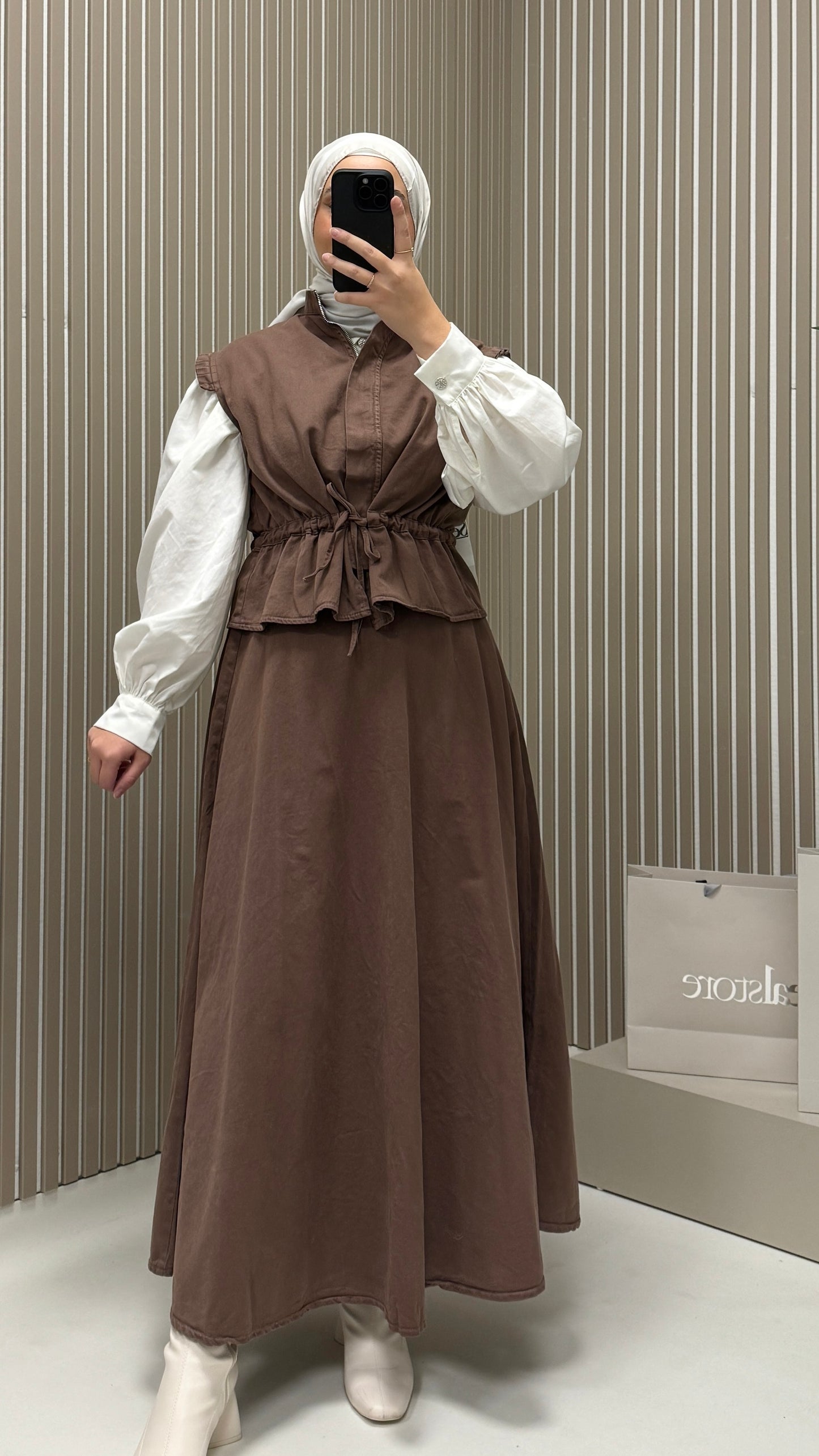 Henza Set mit Weste Braun Denimstoff