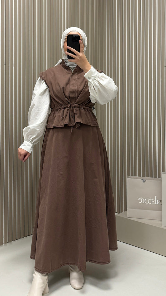 Henza Set mit Weste Braun Denimstoff