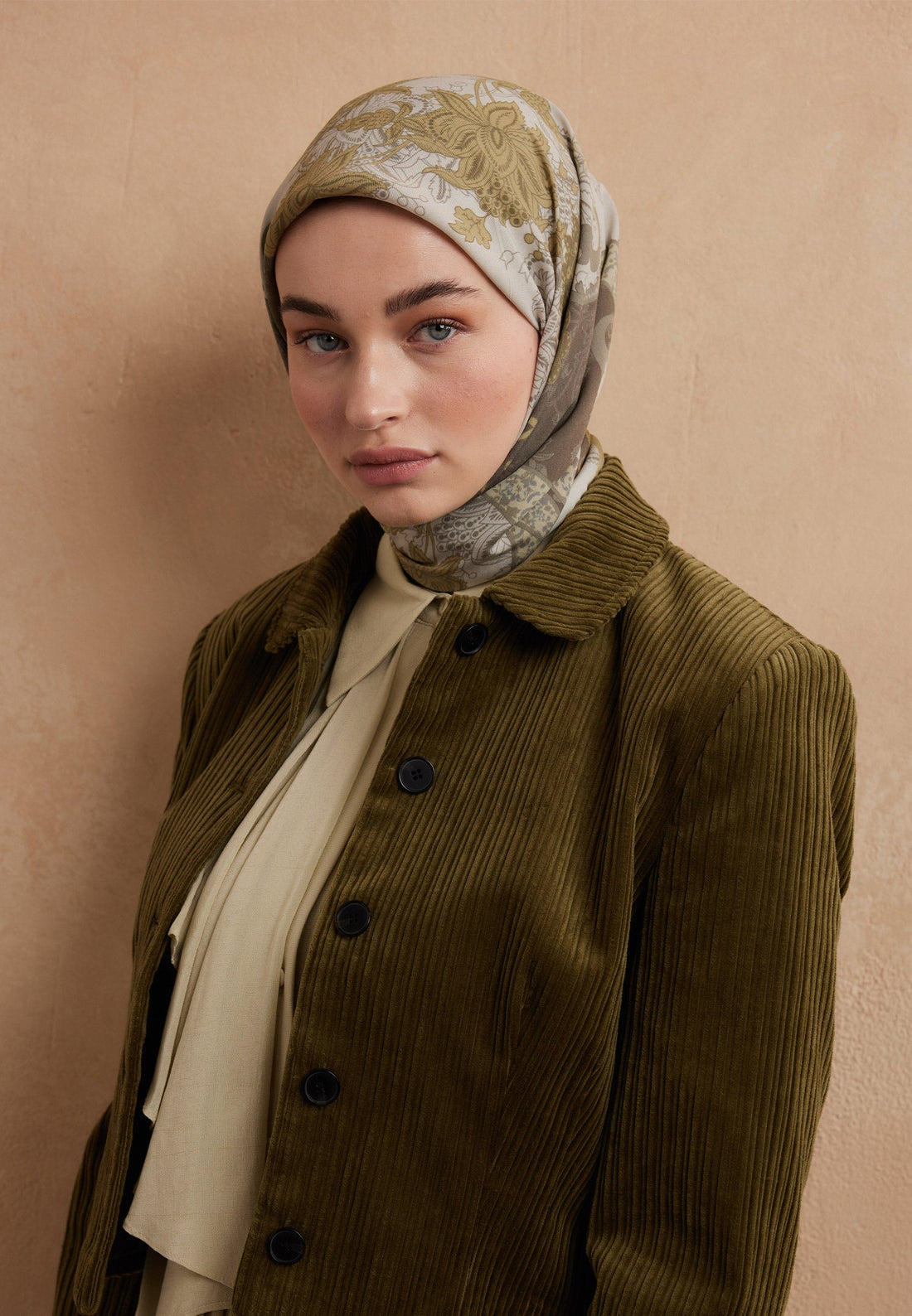 FreshScarfs Pamuklu Ipek Dokulu Esarp 95x95cm Sienna Yag Yesili