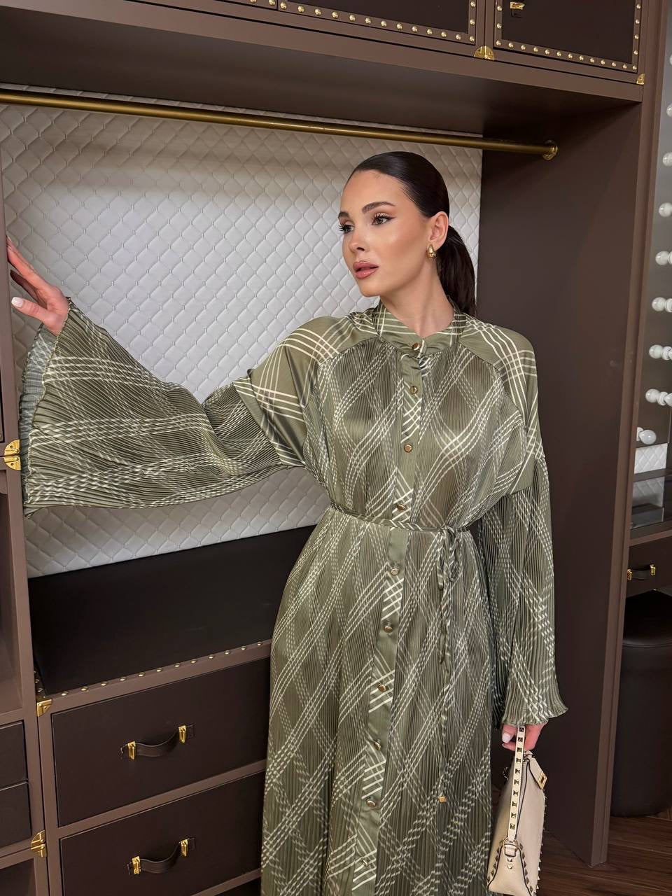 Ahel Satinkleid mit Unterkleid Karomuster 8340 Grün