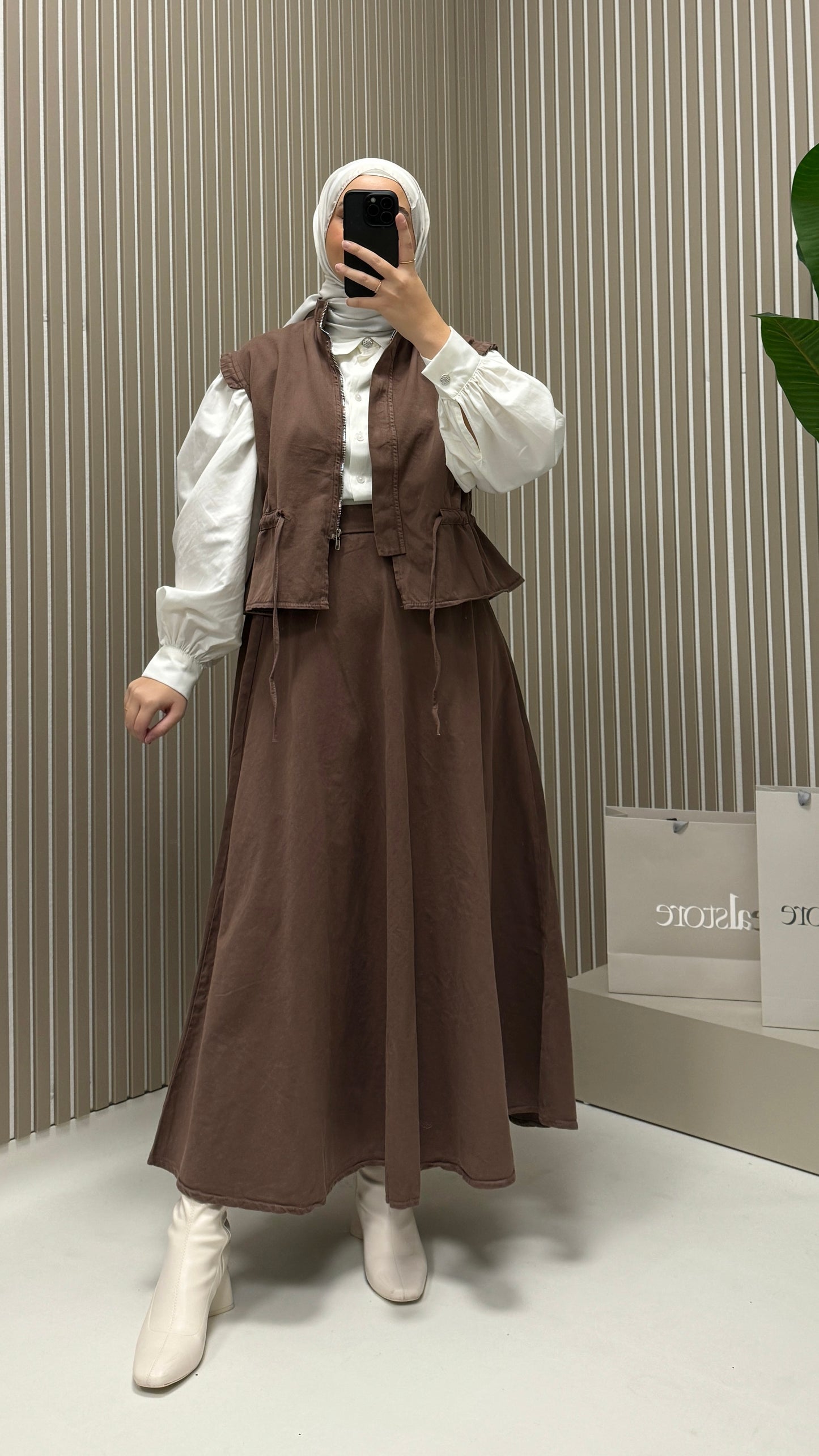 Henza Set mit Weste Braun Denimstoff