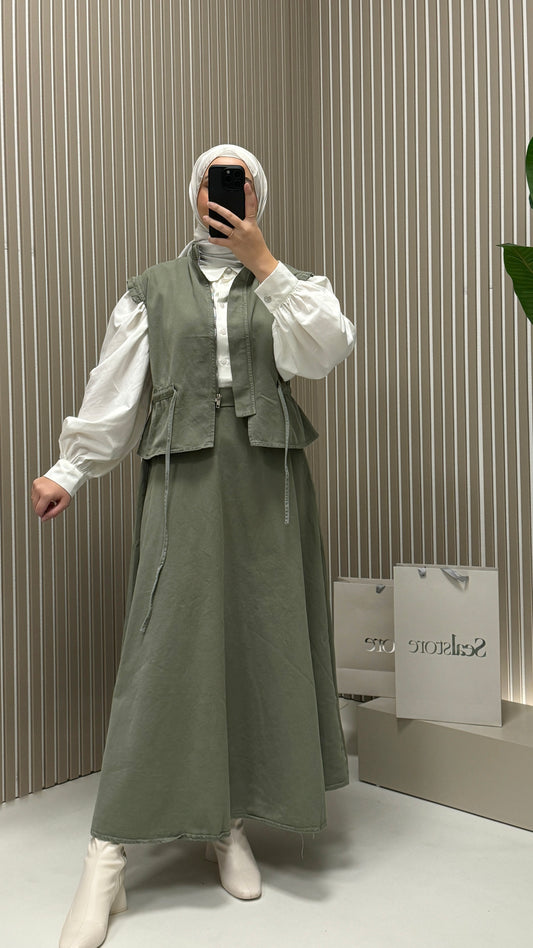 Henza Set mit Weste Olive Denimstoff