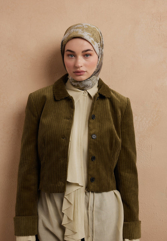 FreshScarfs Pamuklu Ipek Dokulu Esarp 95x95cm Sienna Yag Yesili