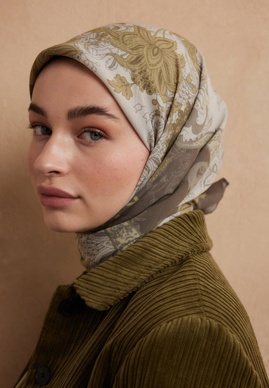 FreshScarfs Pamuklu Ipek Dokulu Esarp 95x95cm Sienna Yag Yesili
