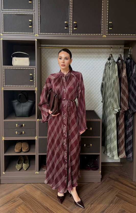 Ahel Satinkleid mit Unterkleid Karomuster 8340 Bordeaux