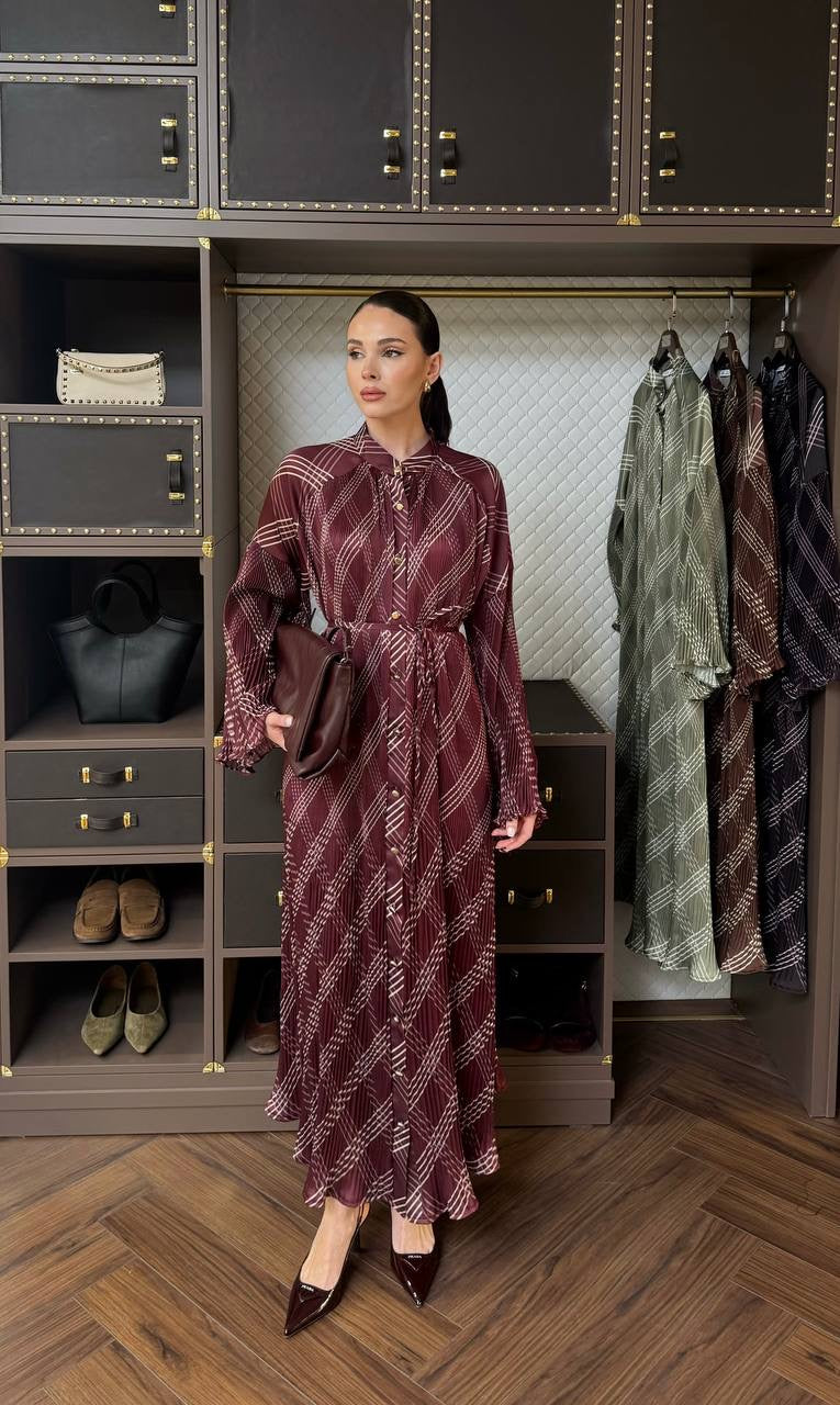 Ahel Satinkleid mit Unterkleid Karomuster 8340 Bordeaux