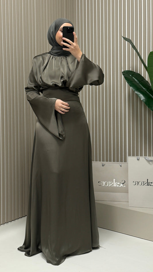 Satin Abendkleid mit weiten Ärmeln Khaki