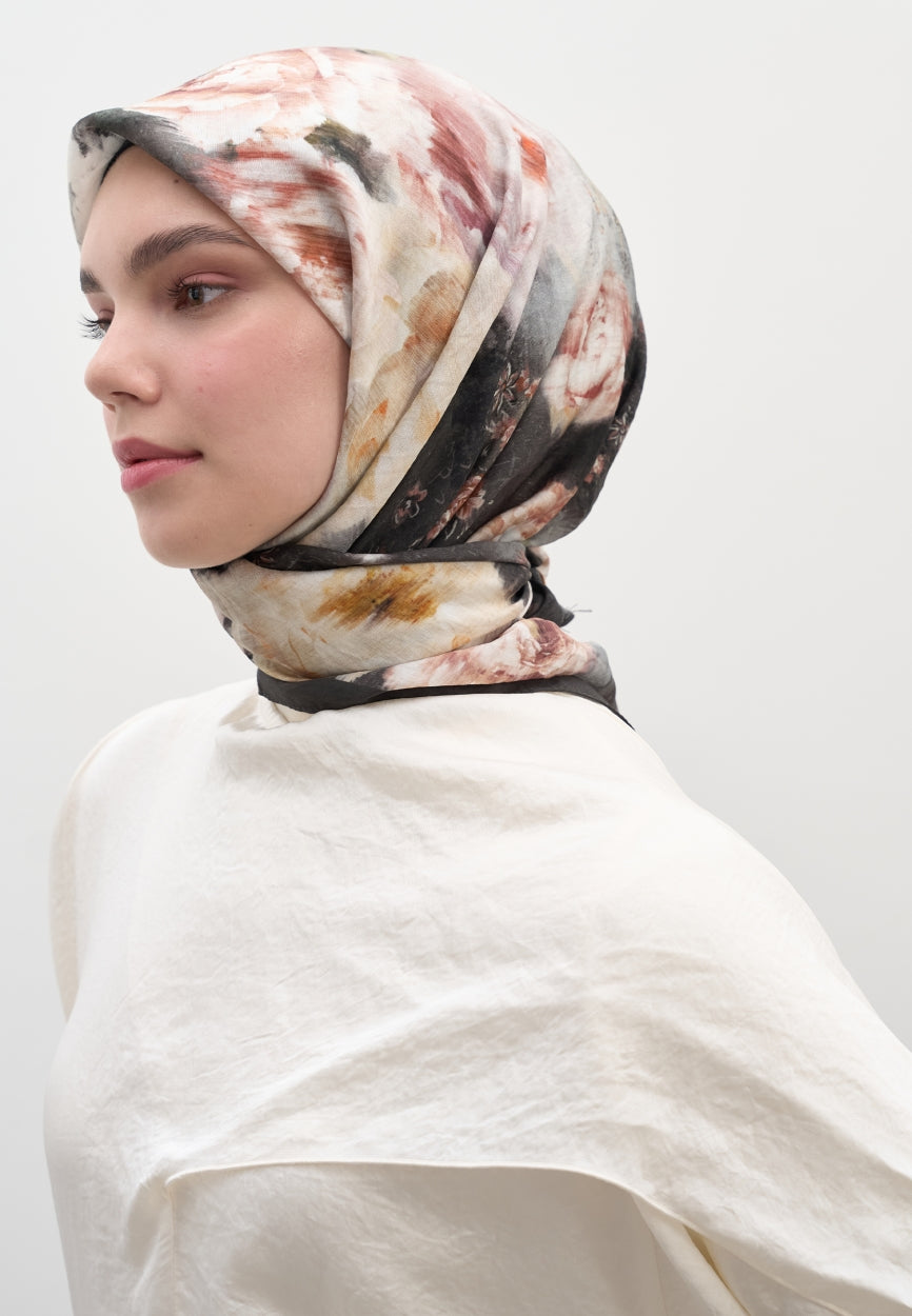 FreshScarfs VINTAGE ROSE DESEN PAMUKLU VİSKON Esarp Antrasit