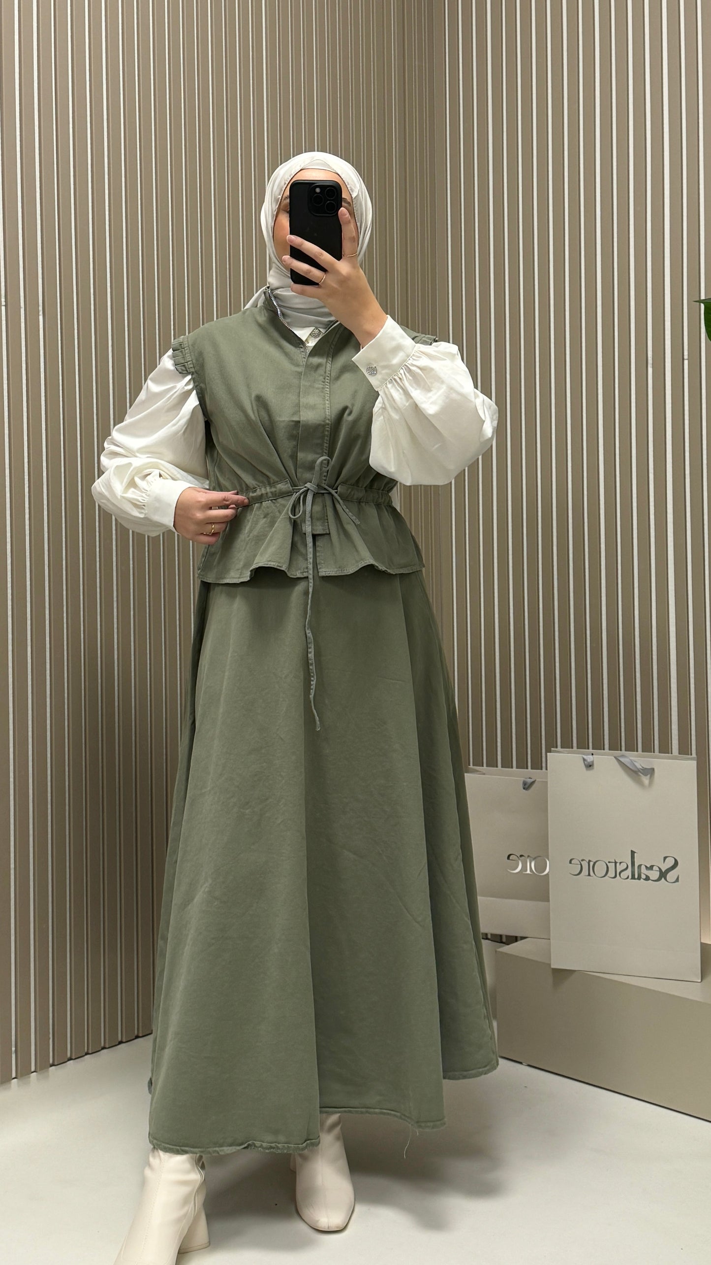 Henza Set mit Weste Olive Denimstoff