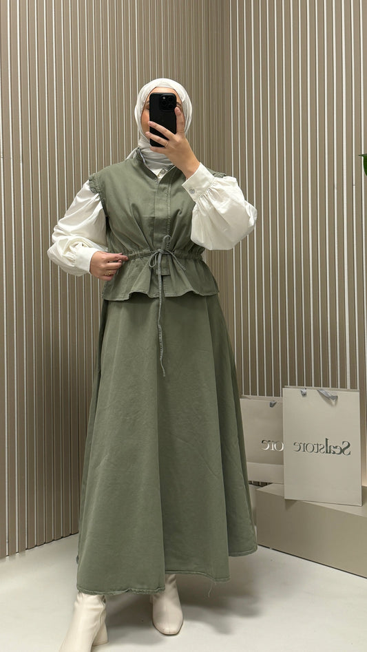 Henza Set mit Weste Olive Denimstoff